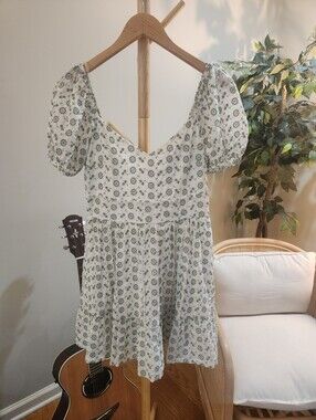 Altar'd State Eyelet Floral Puff-Sleeve Mini Dress in Sage Green And White Small